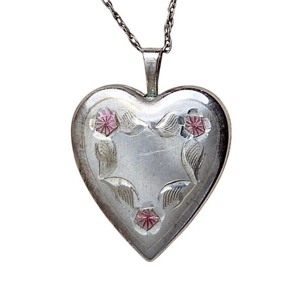 Antique STERLING SILVER Enamel Heart Photo Locket Pendant Necklace